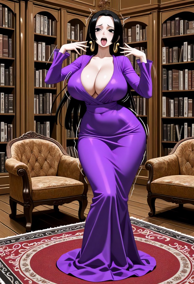 massive breast and bubble butt,1girl,solo,hands up,shaking hips (dancing),wearing a purple dress with gold detail,ful…
