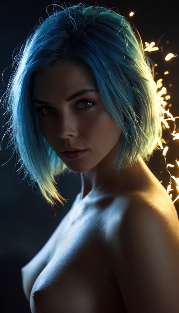 ellie staring intently into a client's eyes,her electric yellow hair illuminated,sparks jumping between them as she p…