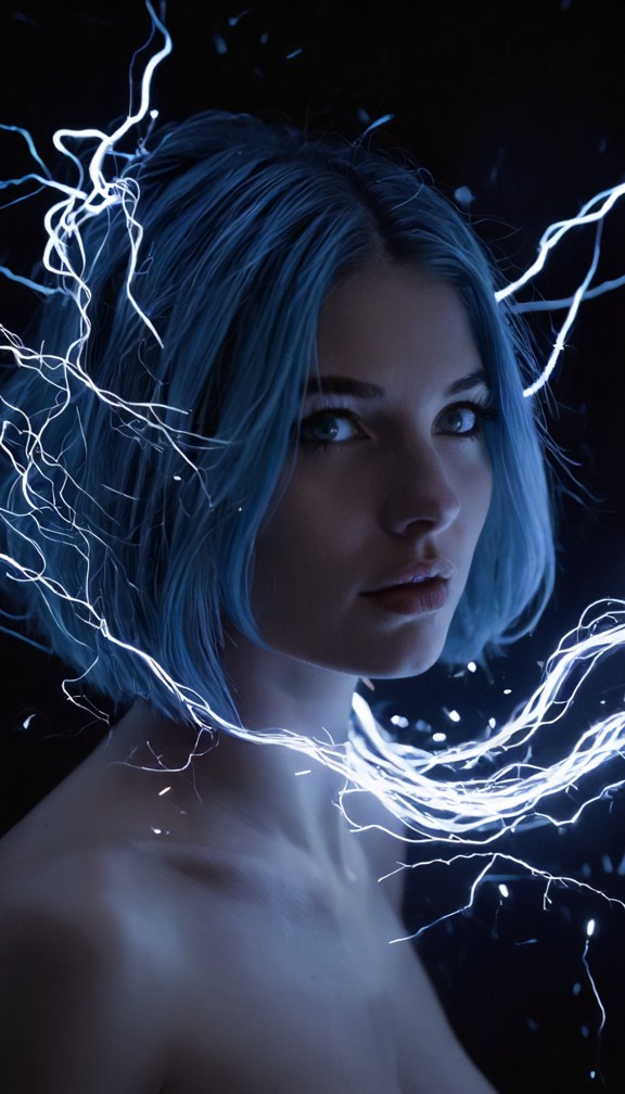 the ultimate reward: ellie,her electric hair charged,entwined with a client,sparks and energy waves surrounding them,…