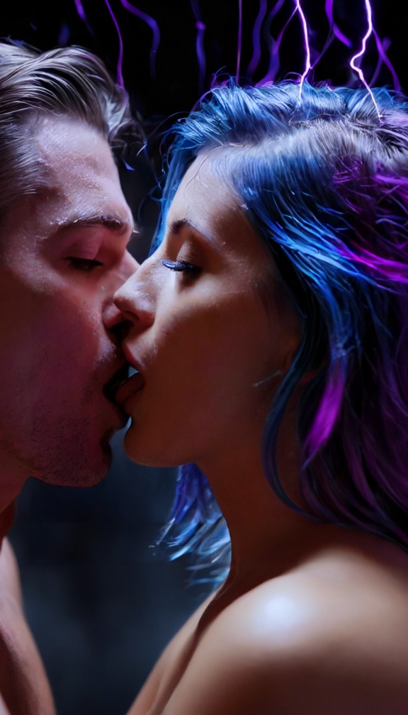 the personal reward: ellie with electric purple streaks in her hair,giving a passionate kiss,sparks and energy waves …