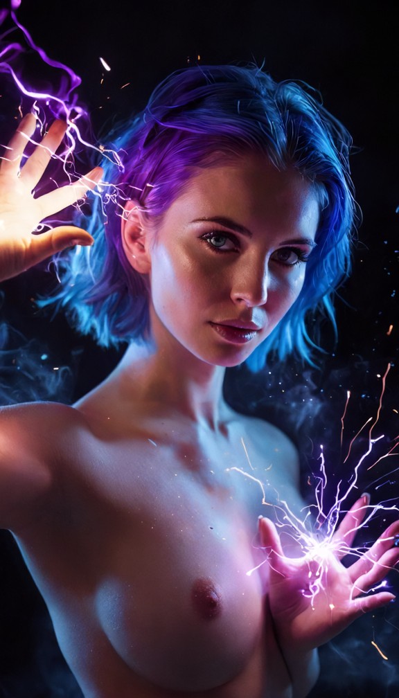 ellie,a charismatic personal trainer with electric purple streaks in her hair,giving an electric massage to a client,…