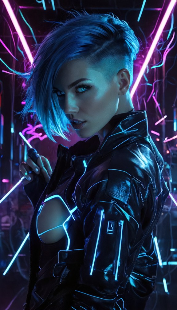 a vibrant gym filled with neon lights and high-tech equipment,with ellie,a personal trainer with electric blue hair,p…