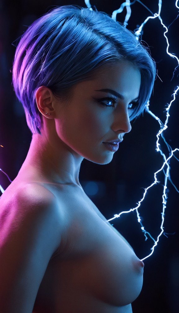 ellie's hands gliding over a client's muscles,electric sparks and energy lines visible,a sensual reward in the making…
