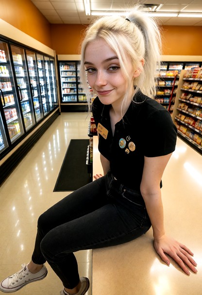 Location: late evening inside a brightly lit convenience store with polished linoleum floors, glowing refrigerated di…