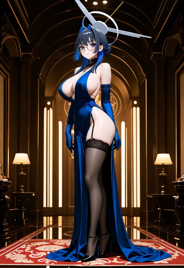 she is is standing in a ballroom,evening dress,slit dress,stockings,stiletto heels,ballroom,luxury interior,full body…