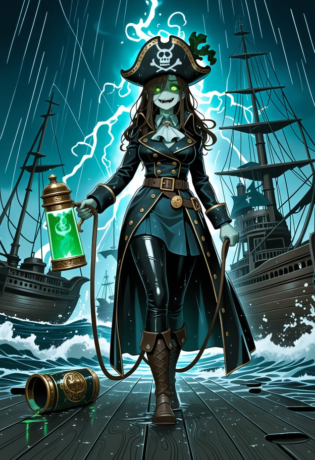 (vertical
composition:1.3),dark maritime fantasy,(haunted pirate ship
deck:1.8),long weathered wooden table made of…