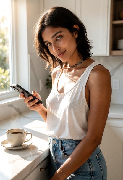 Location: bright morning in a sunlit kitchen with white marble countertops, a clean ceramic coffee cup, and warm sunl…