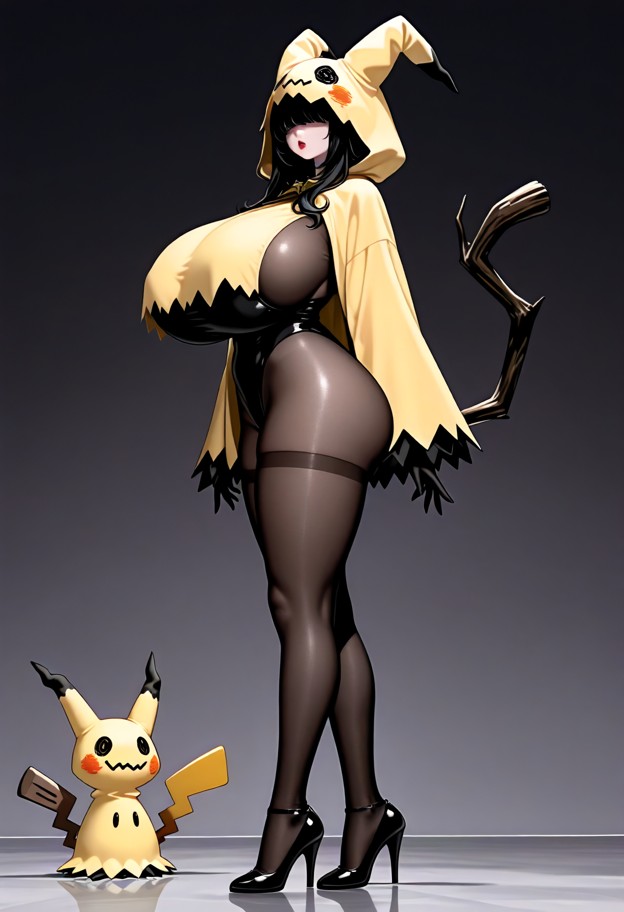 1girl standing in black bodysuit wearing mimikyu mask,black stockings,high heels,clicking heels,curvy figure,massive …