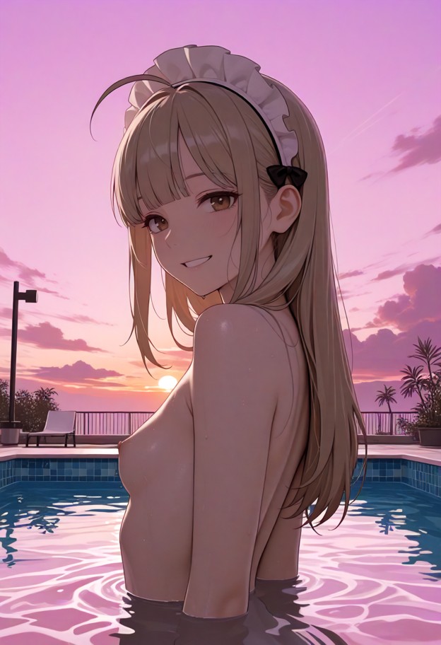 1girl,naked,swimming pool,outdoors,sunset,golden sky,pink sky,clouds,smiling,glowing eyes,wet,upper body above water,…