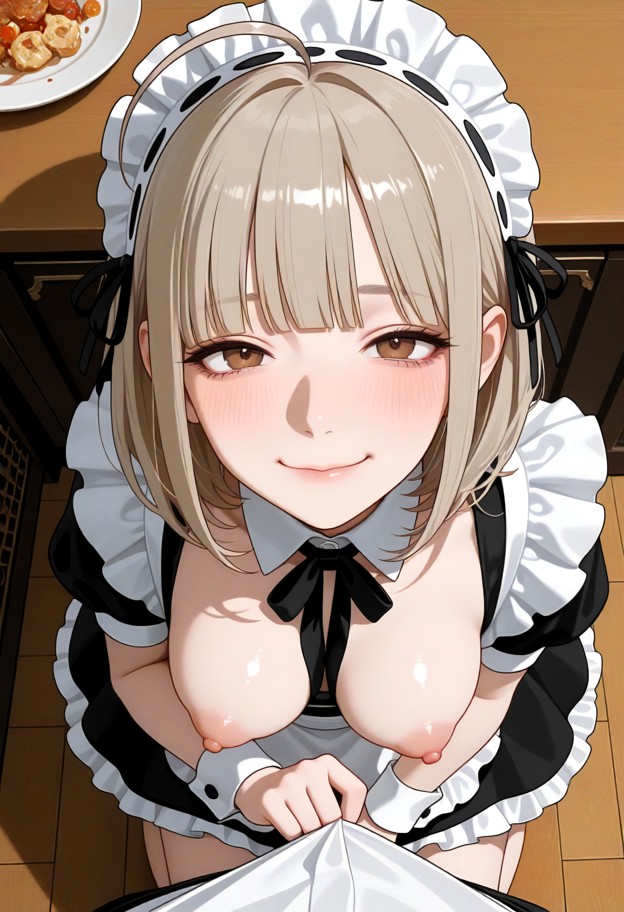 sheis kneeling,she is pulling down her shirts slightly to reveal her nipples,looking up at viewer,puffy_nipples,maid …