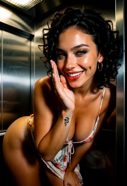 Location: inside a cramped, dimly lit elevator with brushed metal walls and a flickering overhead light that casts lo…