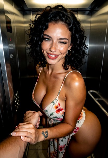 Location: inside a cramped, dimly lit elevator with brushed metal walls and a flickering overhead light that casts lo…