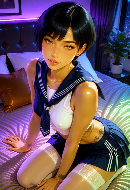 **Face and body description** Young woman with light skin, short black hair with soft bangs, and delicate facial feat…