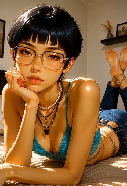 **Face and body description** Young East Asian woman with fair skin, short black hair with straight bangs, and soft f…