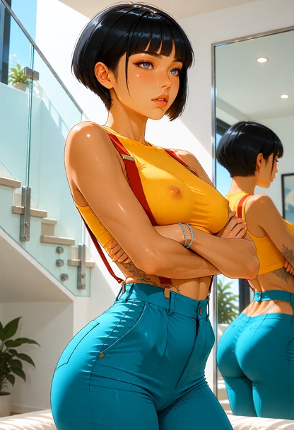 Photorealistic indoor photo of a young East Asian woman standing with her arms crossed and looking off to her left. S…