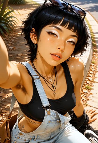 **Face and body description** Young East Asian woman with light skin, short wavy black hair, and soft facial features…