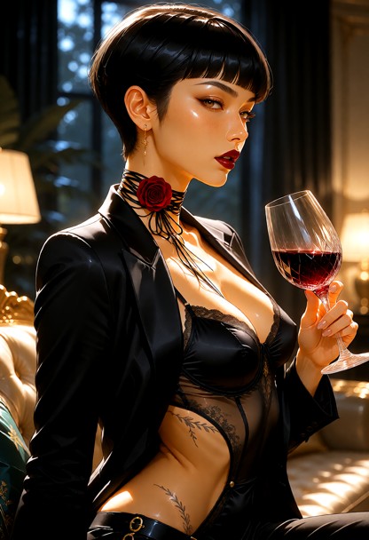 photorealistic, masterpiece, 8k, ultra-detailed:1.2), a stunning profile portrait of a young woman with a chic, short…