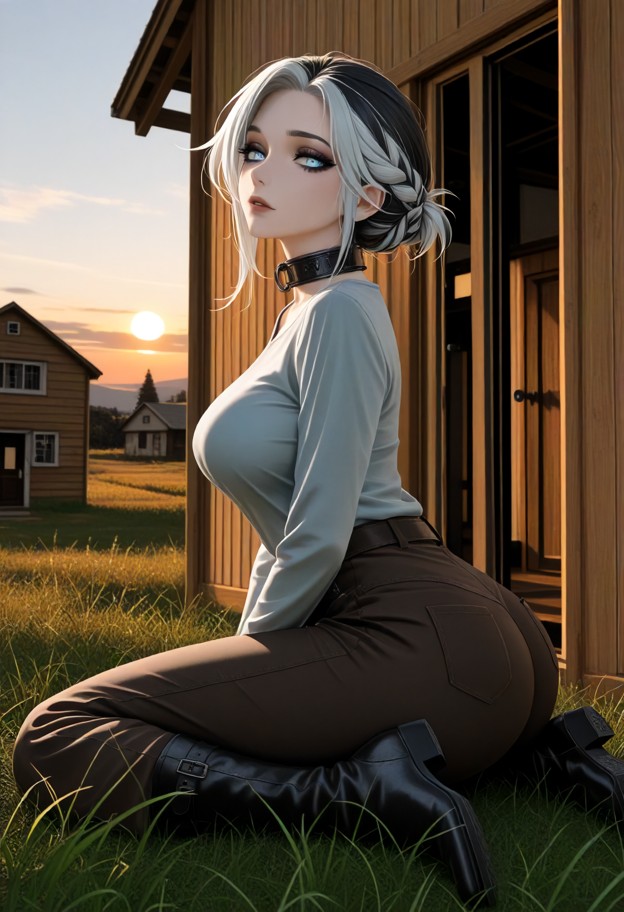 edea sits on the grass and caresses his cheek,grey cotton shirt,dark brown linen trousers,soft black leather boots,gr…