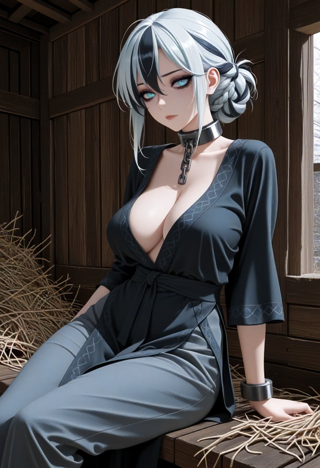 edea sits on straw against a wooden wall,tattered black silk tunic,dark grey linen trousers,rustic courtyard,wooden s…