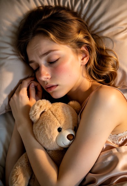 Woman sleeps on her side with her eyes closed and both hands tucked beneath a pillow, seen from a low angle., Woman w…
