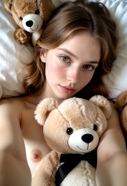 Compose the image as if captured in selfie mode, with the camera held close to the subject. cute lying in bed with pl…