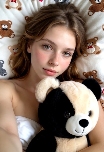 Compose the image as if captured in selfie mode, with the camera held close to the subject. cute lying in bed wearing…