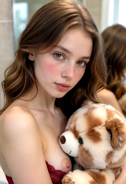 a horny tiktok selfie whith her red lace underweare peaking. shes in the bathroom in front of the mirror