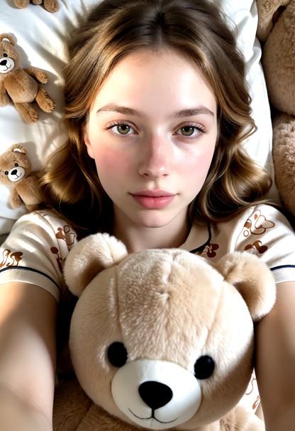 Compose the image as if captured in selfie mode, with the camera held close to the subject. cute lying in bed wearing…