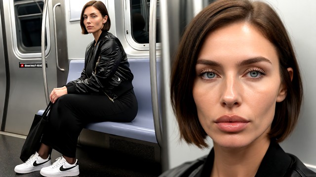 A full body rear shot of Tina. She is sitting on a seat inside a subway car, wearing a long form-fitting black maxi d…