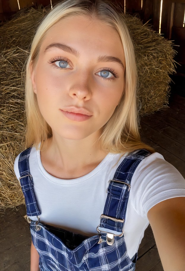 1girl standing in barn,afternoon sunlight,wooden stalls,hay on floor,blue flannel shirt,white top,beige overalls,boot…