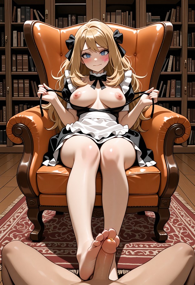 maid outfit,apron,ribbons,uniform,soft makeup,simple accessories,solo,wearing dress,pulling bra down (revealing nippl…