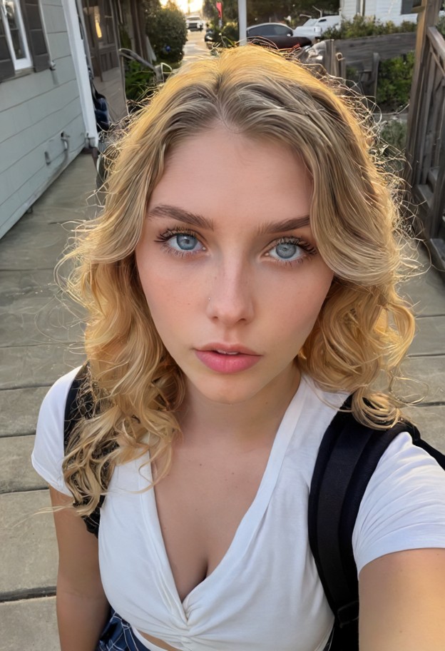 she is is standing on the sidewalk,biting her lip,looking away shyly,white blouse,plaid skirt,black backpack,suburban…