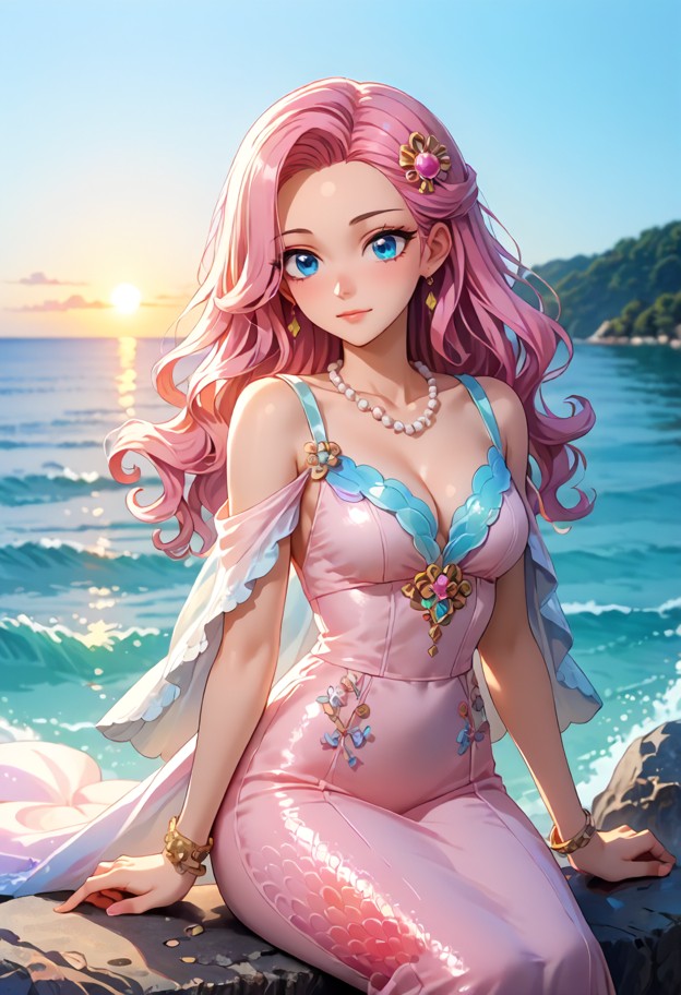 shirahoshi sitting on a rock by the ocean at sunset,flowing light pink silk gown,delicate lace trim,pearl necklace,se…