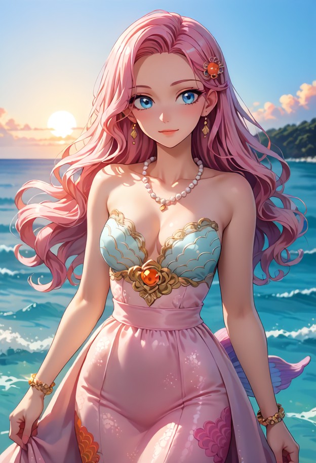 shirahoshi sits on a smooth rock by the ocean at sunset,flowing light pink silk gown,delicate lace trim,pearl necklac…