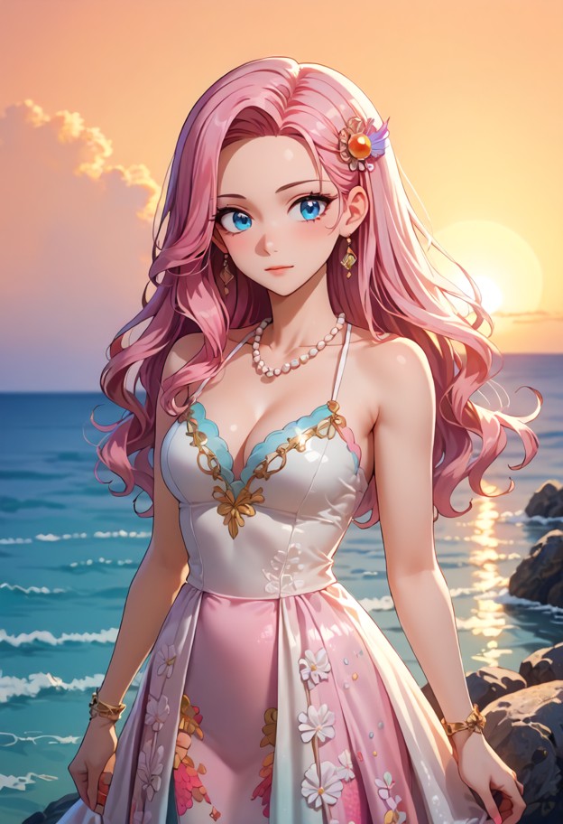 shirahoshi sits on a rock looking at her hands nervously,light pink silk gown,lace trim,pearl necklace,serene coastal…
