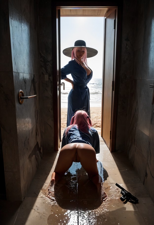 a haunting,cinematic wide-angle shot in a sterile,ultra-modern luxury 
bathroom. in the foreground,the female staff m…