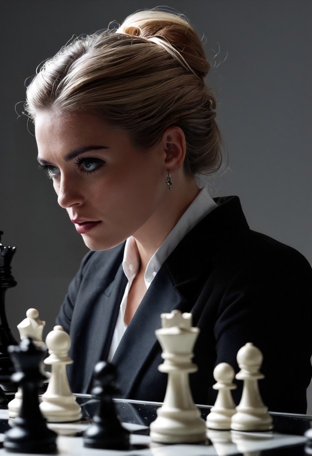 a high-resolution,cinematic portrait of a striking woman with blonde hair slicked back,intense gaze staring directly …