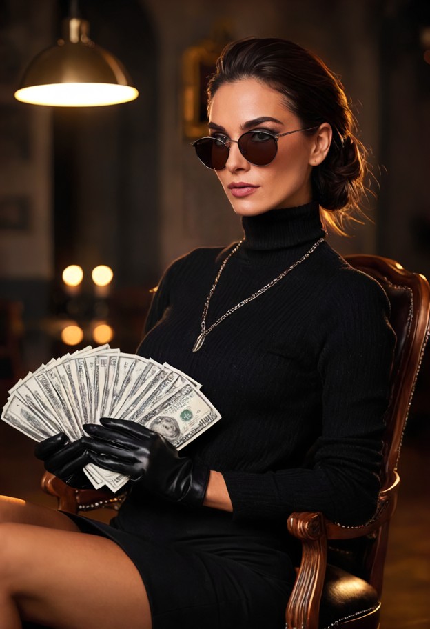 a high-resolution,professional portrait of a stylish woman sitting in a modern chair,exuding confidence and wealth. s…