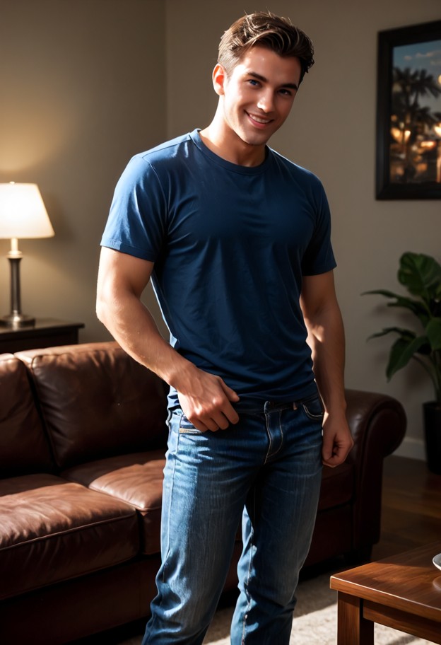 1guy,solo,pulling up jeans,smiling,dark navy cotton polo shirt,black denim jeans,dim living room,dark wood coffee tab…