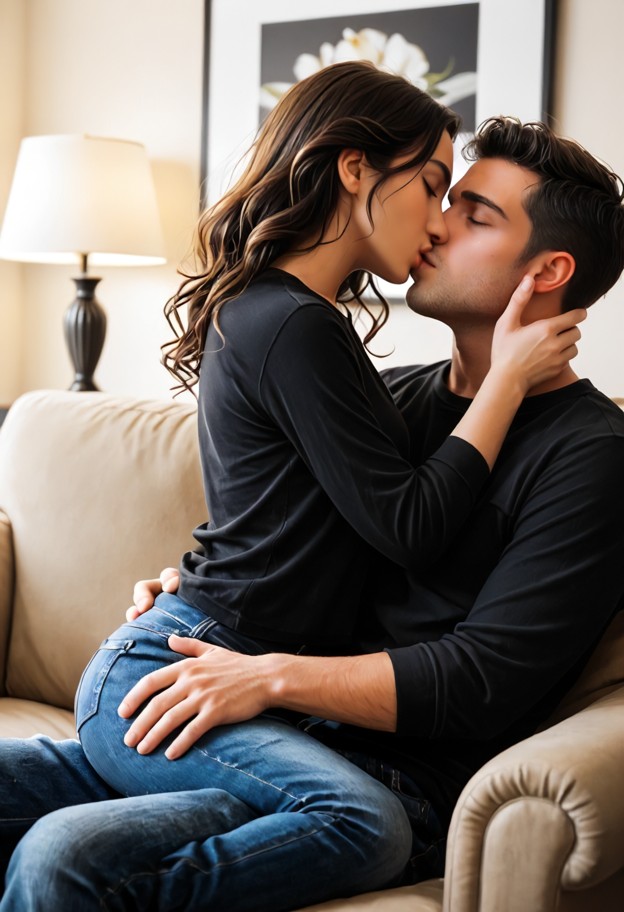 1guy,hugging partner,kissing,leaning down,dark navy cotton polo shirt,black denim jeans,dim living room,velvet armcha…