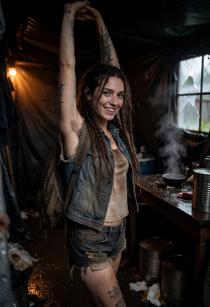 Location: mid-evening inside a dim, cramped makeshift shelter, where the orange glow from the yard barely penetrates …