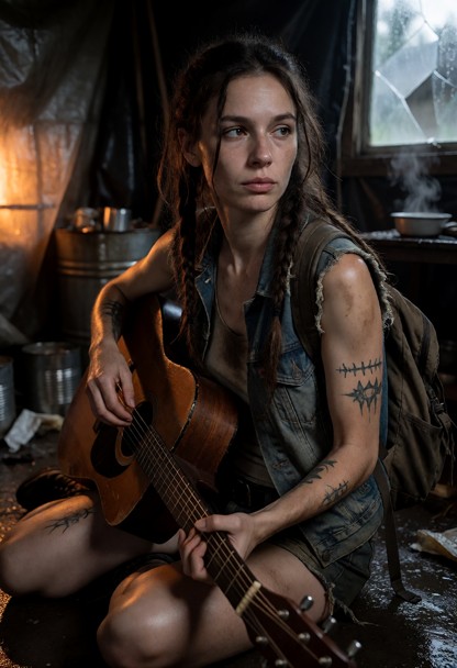 Location: mid-evening inside a dim, cramped makeshift shelter, where the orange glow from the yard barely penetrates …
