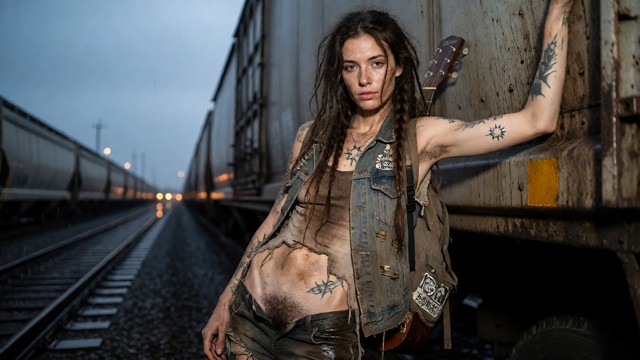 A slim, short-statured woman in her early 20s leaning against a dirty box car to the right of frame in a raining deso…