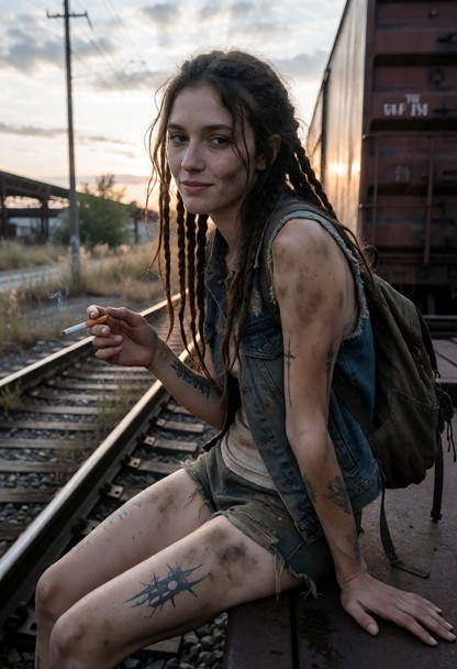 Location: early morning in a desolate industrial yard, where the pale, bruised light of dawn bleeds across the horizo…