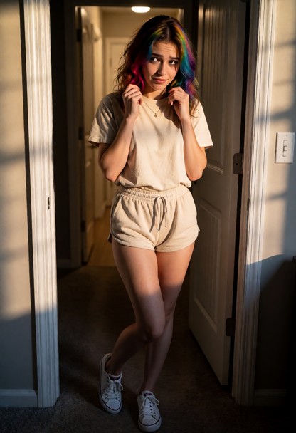 Location: doorway of a dimly lit apartment in the evening, with soft shadows stretching across the floor and warm lig…