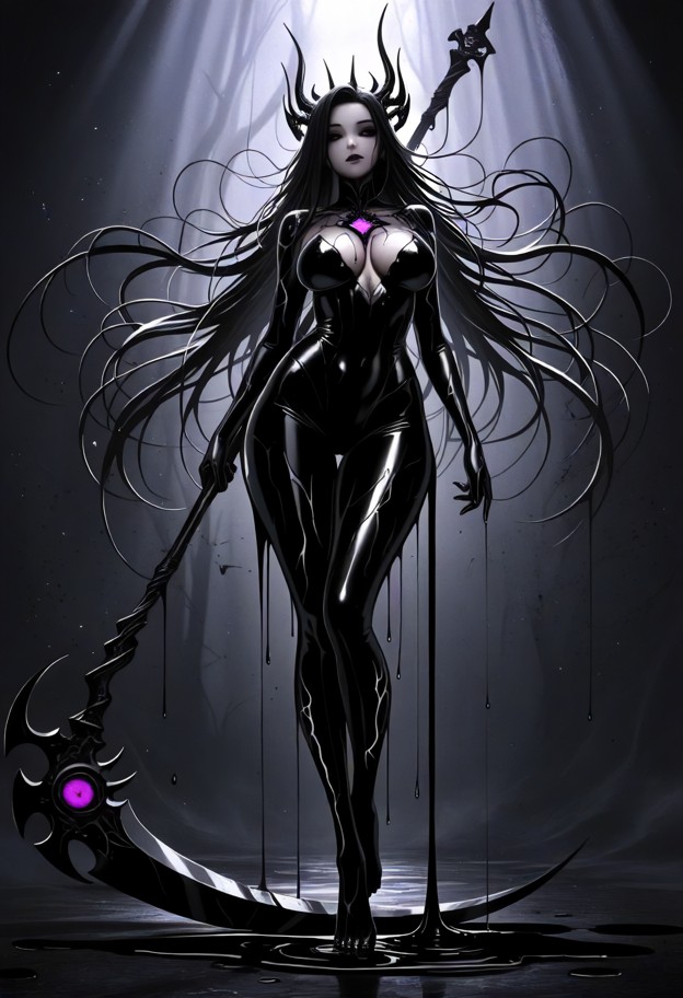 dynamic shot of mors femina with her scythe raised,blade glowing with a
faint,malevolent violet light. her body is d…
