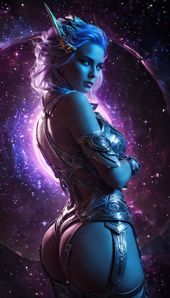 voidra stepping through a portal of fractured light,one side of her body in a starry void and the other in a physical…