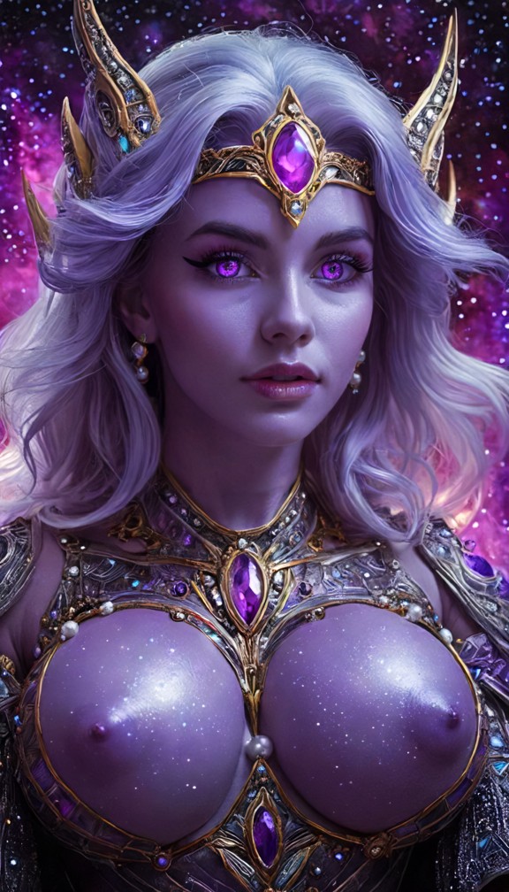 close-up of voidra's alien face,smooth iridescent lavender-gray skin,glowing violet eyes filled with swirling galaxie…