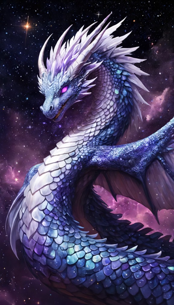 voidra,a majestic serpentine dragon deity with pearlescent lavender-and-silver scales,translucent crystalline wings r…