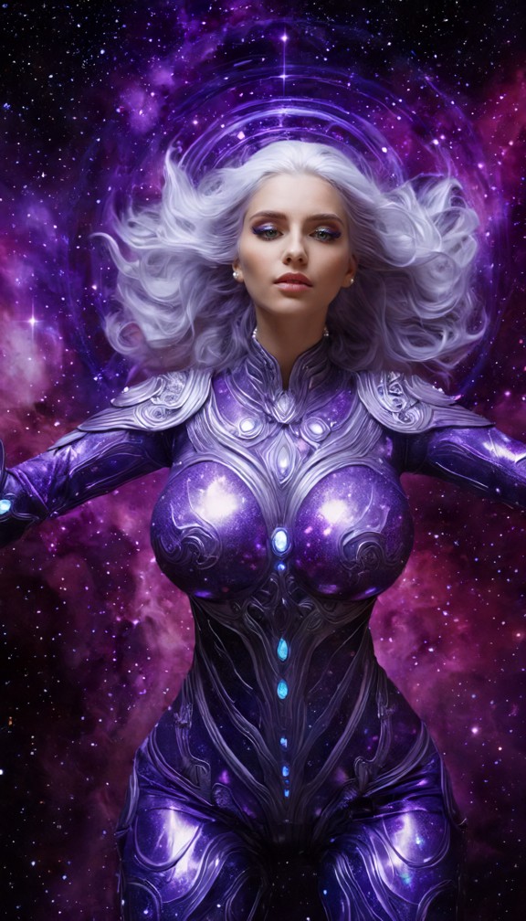 alien entity unleashing her full spatial power,arms spread wide as galaxies swirl and distort around her,radiant viol…